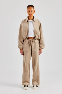 Women CLO-SET Suede Collared Bomber Jacket & Wide Leg Trouser - Beige