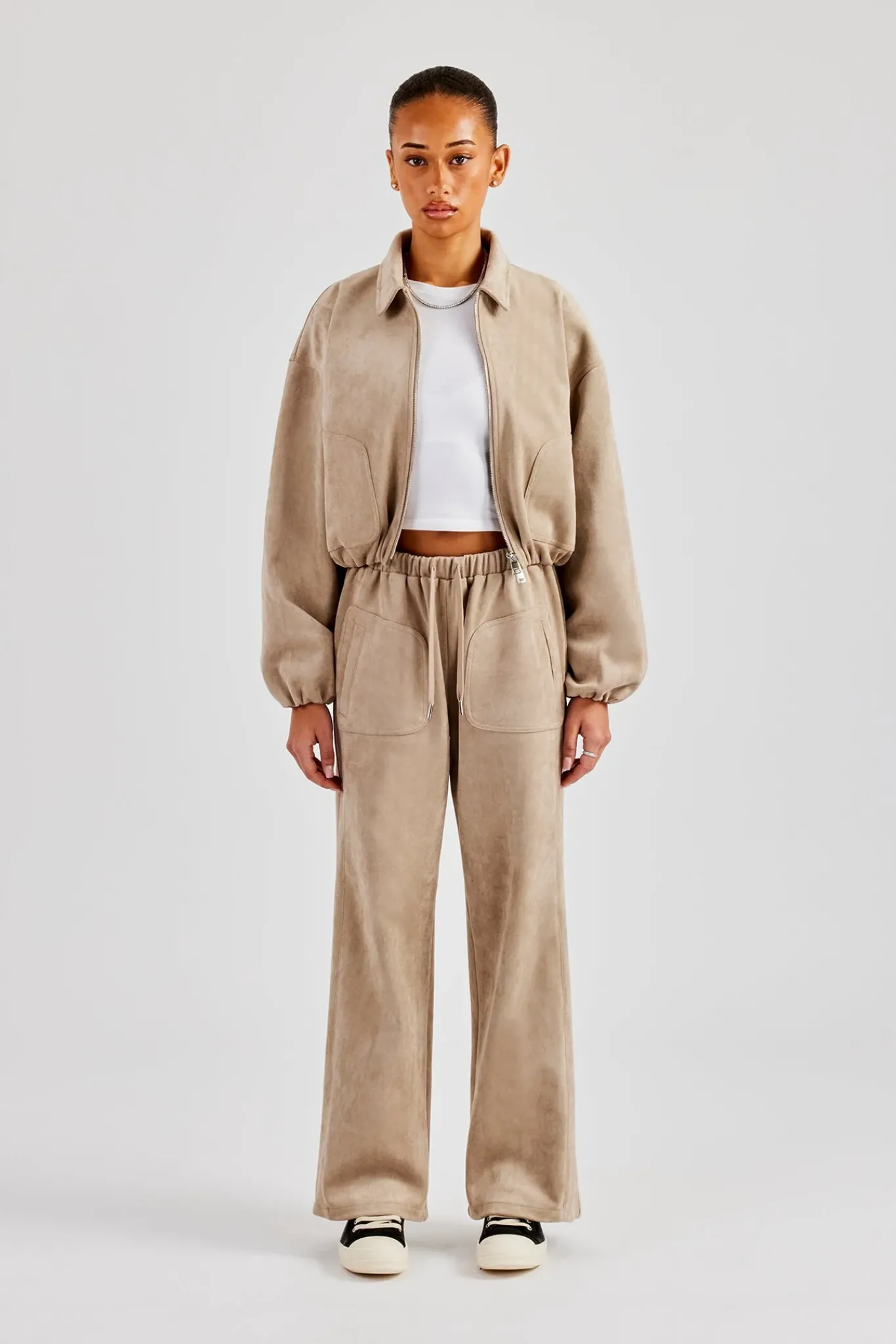Women CLO-SET Suede Collared Bomber Jacket & Wide Leg Trouser - Beige