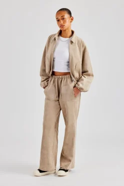 Women CLO-SET Suede Collared Bomber Jacket & Wide Leg Trouser - Beige