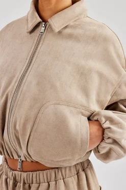 Women CLO-SET Suede Collared Bomber Jacket & Wide Leg Trouser - Beige