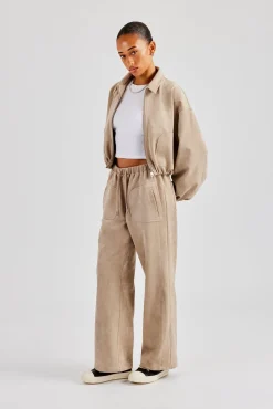Women CLO-SET Suede Collared Bomber Jacket & Wide Leg Trouser - Beige