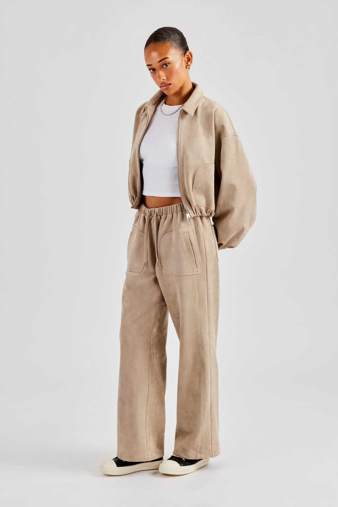 Women CLO-SET Suede Collared Bomber Jacket & Wide Leg Trouser - Beige
