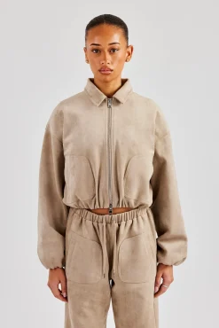 Women CLO-SET Suede Collared Bomber Jacket & Wide Leg Trouser - Beige