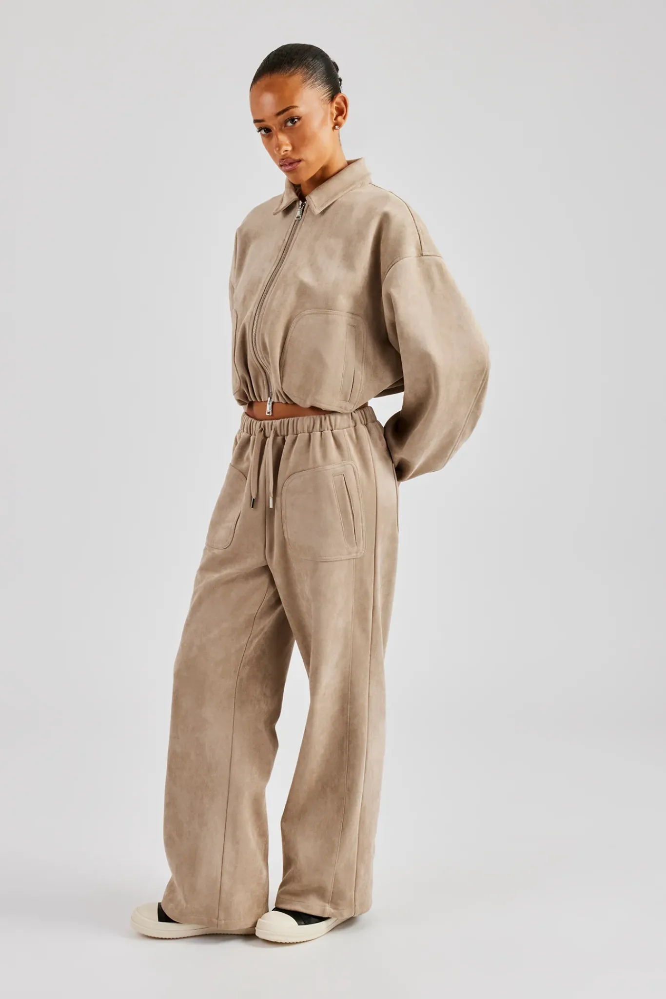 Women CLO-BOT-TRO Suede Wide Leg Trouser- Beige