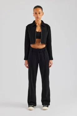 Women CLO-SET Tailored Jersey Cropped Harrington Jacket & Wide Leg Trouser - Black