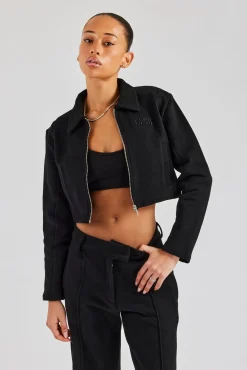 Women CLO-TOP-OUT Tailored Jersey Cropped Harrington Jacket - Black