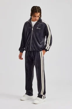 CLO-BOT-TRO Taping Straight Leg Velour Track Pant - Charcoal