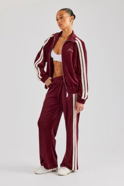 Women CLO-BOT-TRO Taping Wide Leg Velour Track Pant - Burgundy