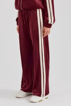 Women CLO-BOT-TRO Taping Wide Leg Velour Track Pant - Burgundy