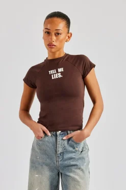 Women CLO-TOP-TEE Tell Me Lies Capped Sleeve Tee - Chocolate