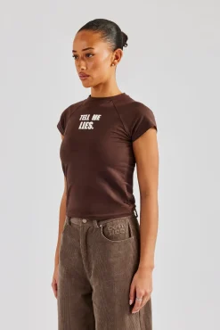 Women CLO-TOP-TEE Tell Me Lies Capped Sleeve Tee - Chocolate