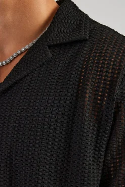 CLO-TOP-SHIR Textured Button Front Revere Shirt - Black