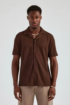 CLO-TOP-SHIR Textured Button Front Revere Shirt - Chocolate