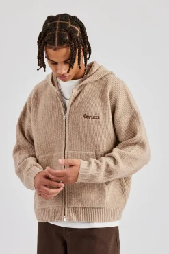 CLO-TOP-HS-HOOD-KTW Tonal Zip Through Knit Hoodie - Stone