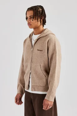 CLO-TOP-HS-HOOD-KTW Tonal Zip Through Knit Hoodie - Stone