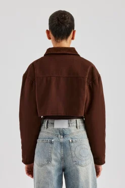 Women CLO-TOP-OUT Twill Cord Collar Harrington Jacket - Chocolate