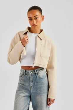 Women CLO-TOP-OUT Twill Cord Collar Harrington Jacket - Stone