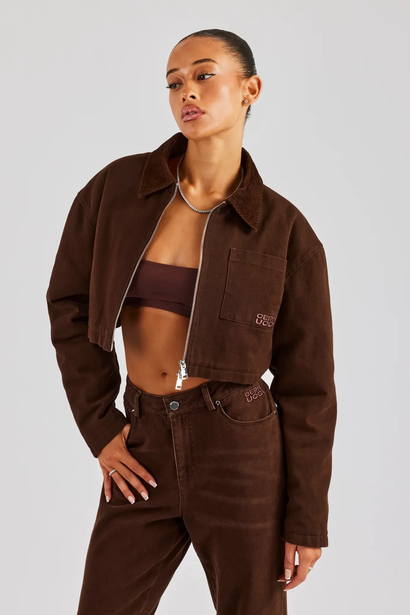 Women CLO-SET Twill Cord Collar Jacket & Trouser - Chocolate