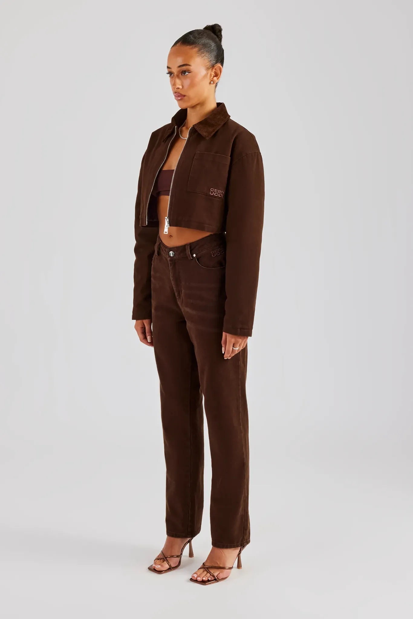 Women CLO-SET Twill Cord Collar Jacket & Trouser - Chocolate