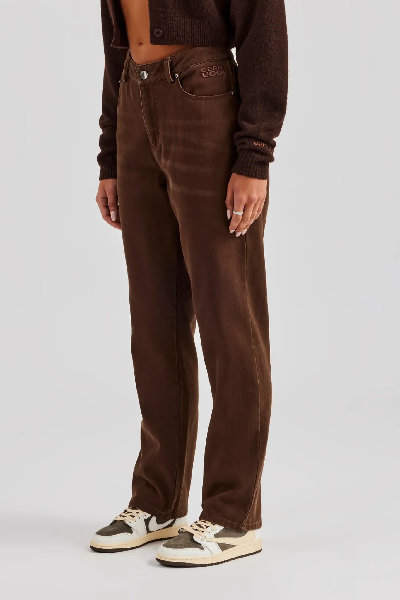 Women CLO-BOT-TRO Twill Embroidered Trouser- Chocolate