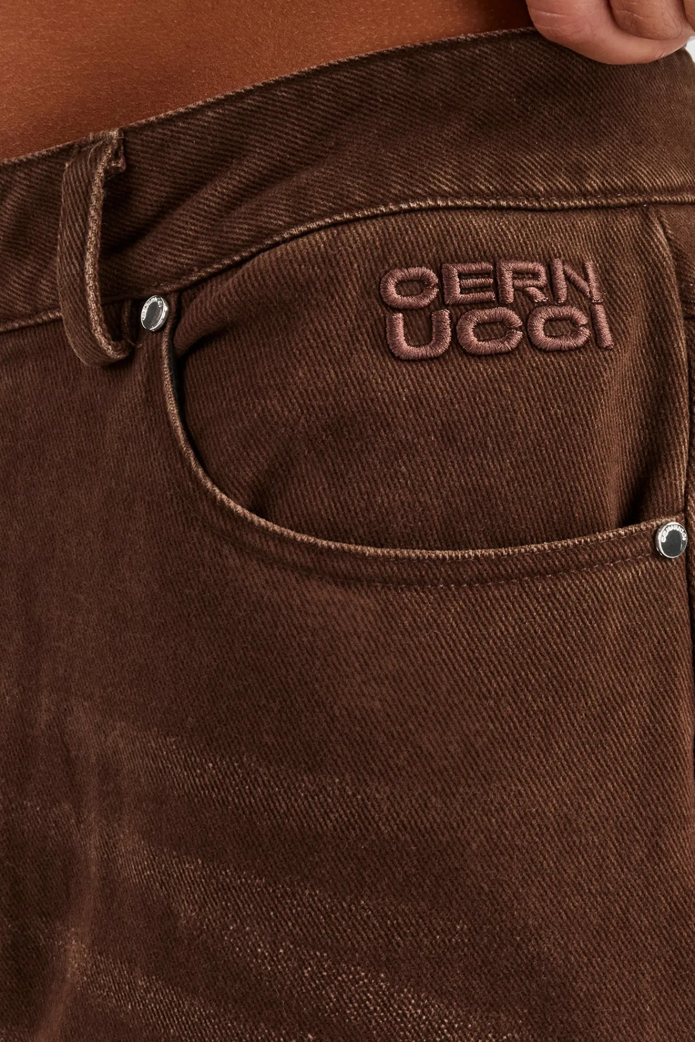 Women CLO-BOT-TRO Twill Embroidered Trouser- Chocolate
