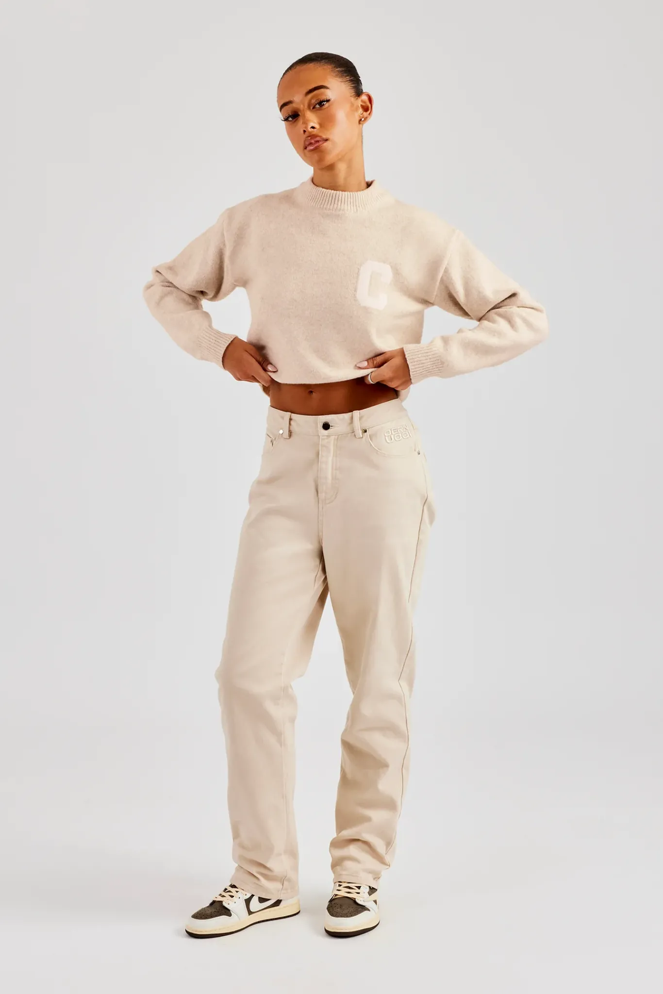 Women CLO-BOT-TRO Twill Embroidered Trouser - Stone