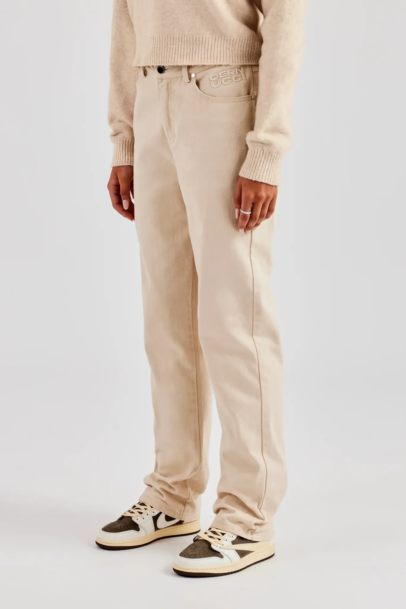 Women CLO-BOT-TRO Twill Embroidered Trouser - Stone