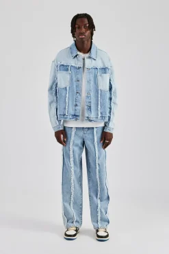 CLO-SET-DEN Two Tone Distressed Denim Jacket & Jean - Light Blue
