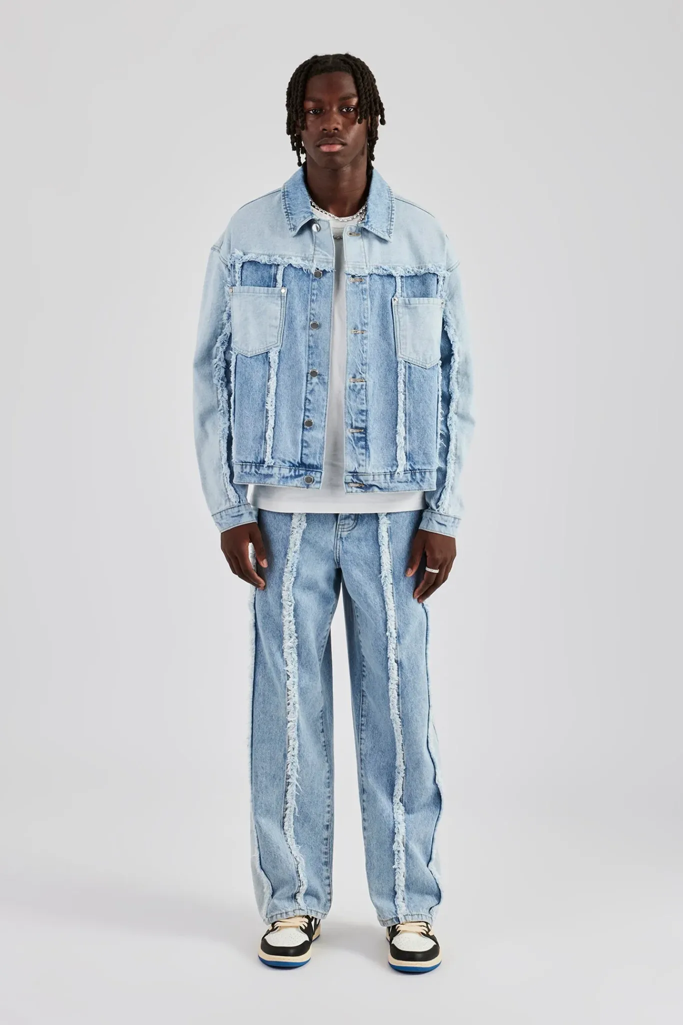 CLO-SET-DEN Two Tone Distressed Denim Jacket & Jean - Light Blue