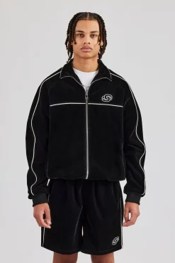 CLO-TOP-OUT Velour Funnel Neck Piping Track Jacket - Black