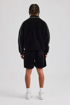 CLO-TOP-OUT Velour Funnel Neck Piping Track Jacket - Black