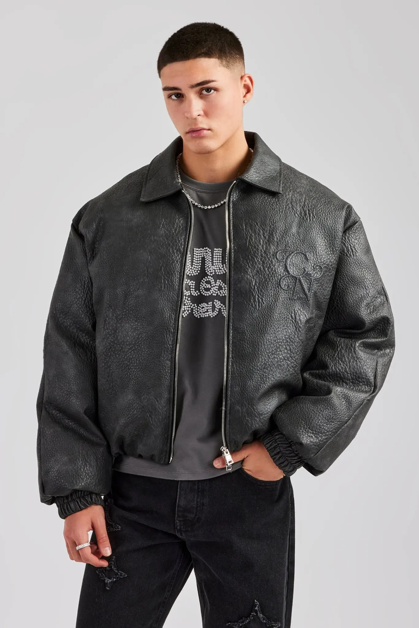 CLO-TOP-OUT Vintage PU Harrington Jacket - Charcoal