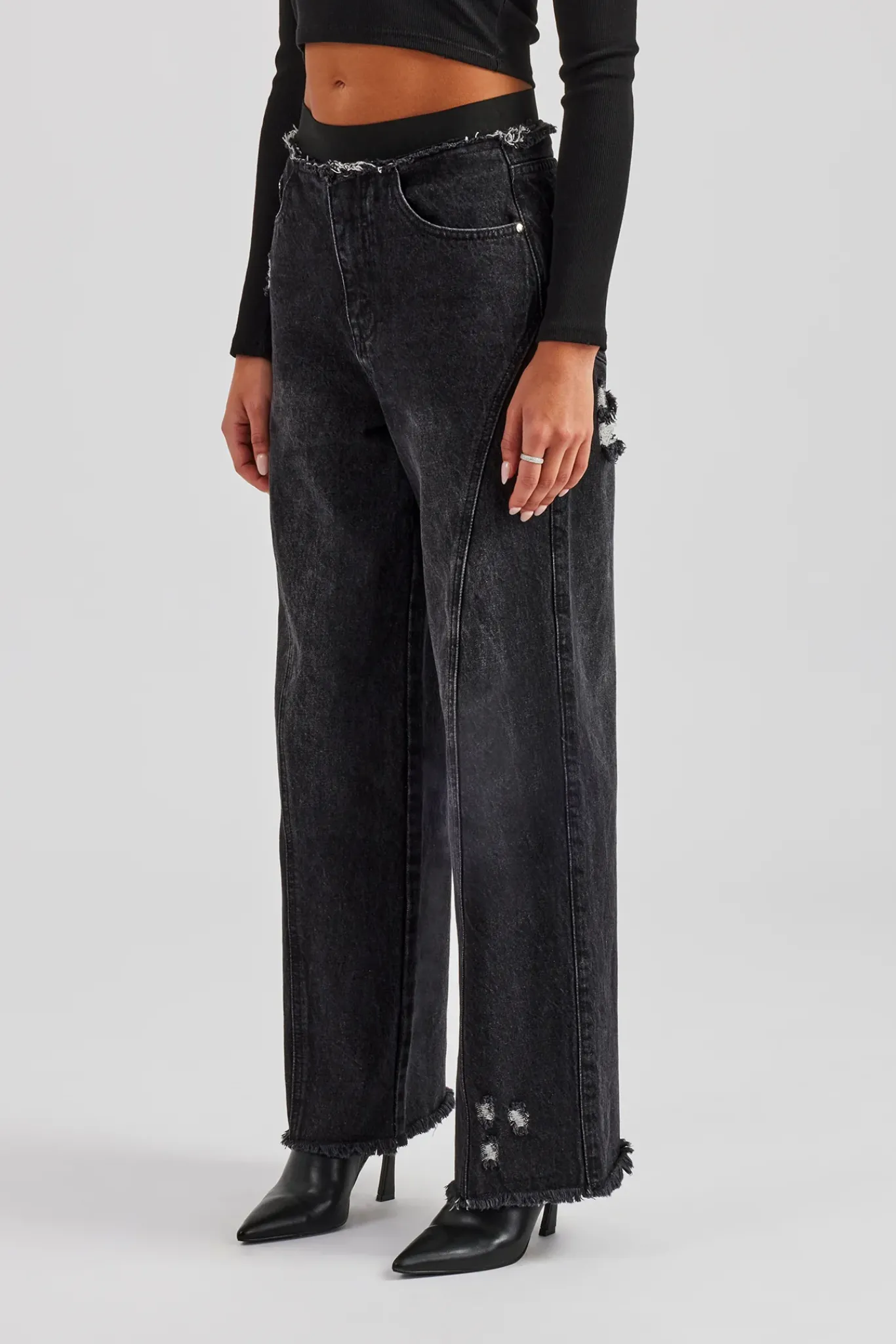 Women CLO-BOT-DEN Waistband Insert Baggy Jean - Washed Black