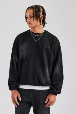 CLO-TOP-HS-SWE Washed Applique Boxy Sweater - Black