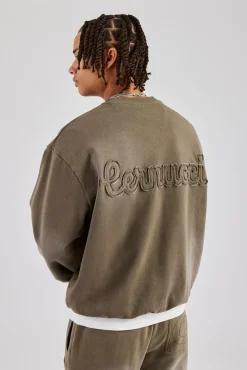CLO-TOP-HS-SWE Washed Applique Boxy Sweater - Khaki