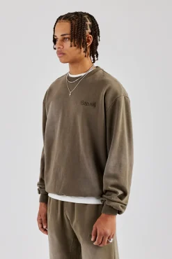 CLO-TOP-HS-SWE Washed Applique Boxy Sweater - Khaki