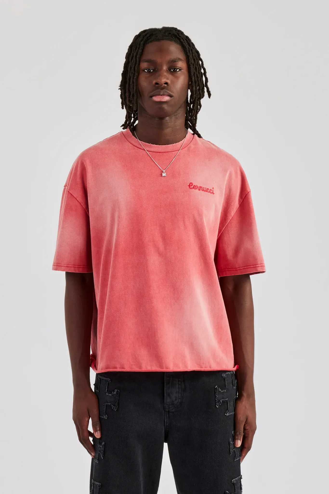 CLO-TOP-TEE Washed Applique Boxy T-Shirt - Red