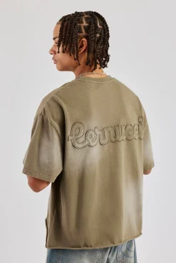 CLO-TOP-TEE Washed Applique Boxy T-Shirt - Khaki