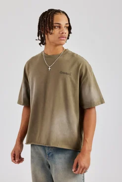 CLO-TOP-TEE Washed Applique Boxy T-Shirt - Khaki
