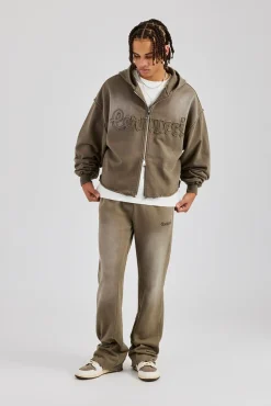 CLO-TOP-HS-HOOD Washed Applique Zip Through Hoodie - Khaki