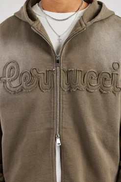 CLO-TOP-HS-HOOD Washed Applique Zip Through Hoodie - Khaki