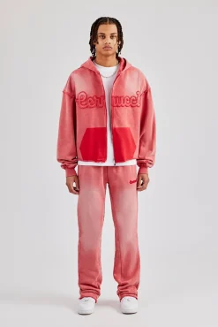 CLO-TOP-HS-HOOD Washed Applique Zip Through Hoodie - Washed Red