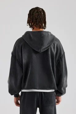 CLO-TOP-HS-HOOD Washed Applique Zip Through Hoodie - Acid Wash