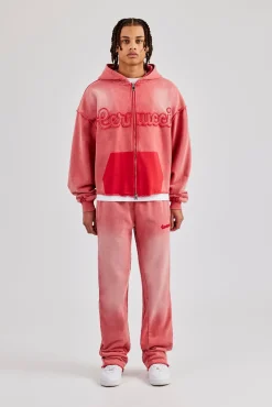 CLO-SET Washed Applique Zip Through Hooded Tracksuit - Washed Red