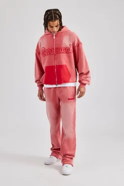 CLO-SET Washed Applique Zip Through Hooded Tracksuit - Washed Red