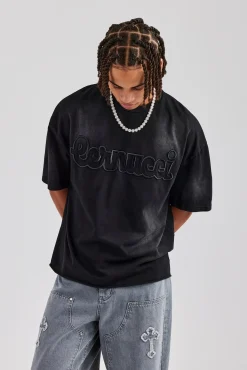 CLO-TOP-TEE Washed Boxy Distressed T-Shirt - Black