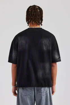 CLO-TOP-TEE Washed Boxy Distressed T-Shirt - Black