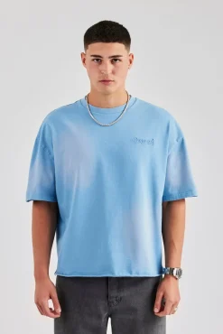 CLO-TOP-TEE Washed Boxy Distressed T-Shirt - Blue