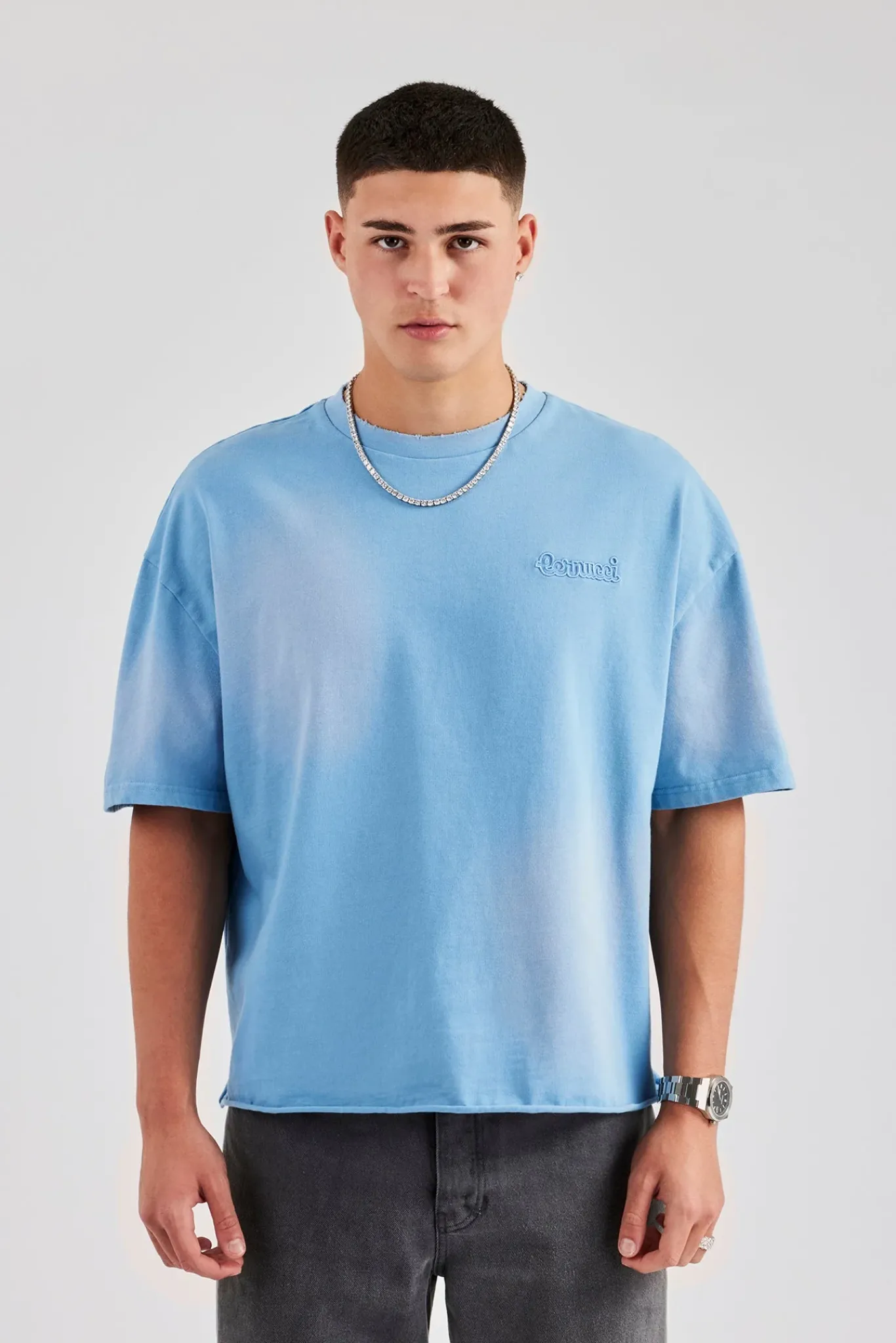 CLO-TOP-TEE Washed Boxy Distressed T-Shirt - Blue