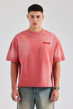 CLO-TOP-TEE Washed Boxy Distressed T-Shirt - Red